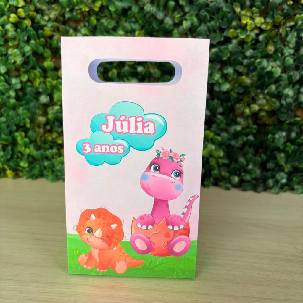 Sacolinha Surpresa Personalizada Dino Baby - Lembrancinha Dinossauro Menina Sacolinha pegue e monte