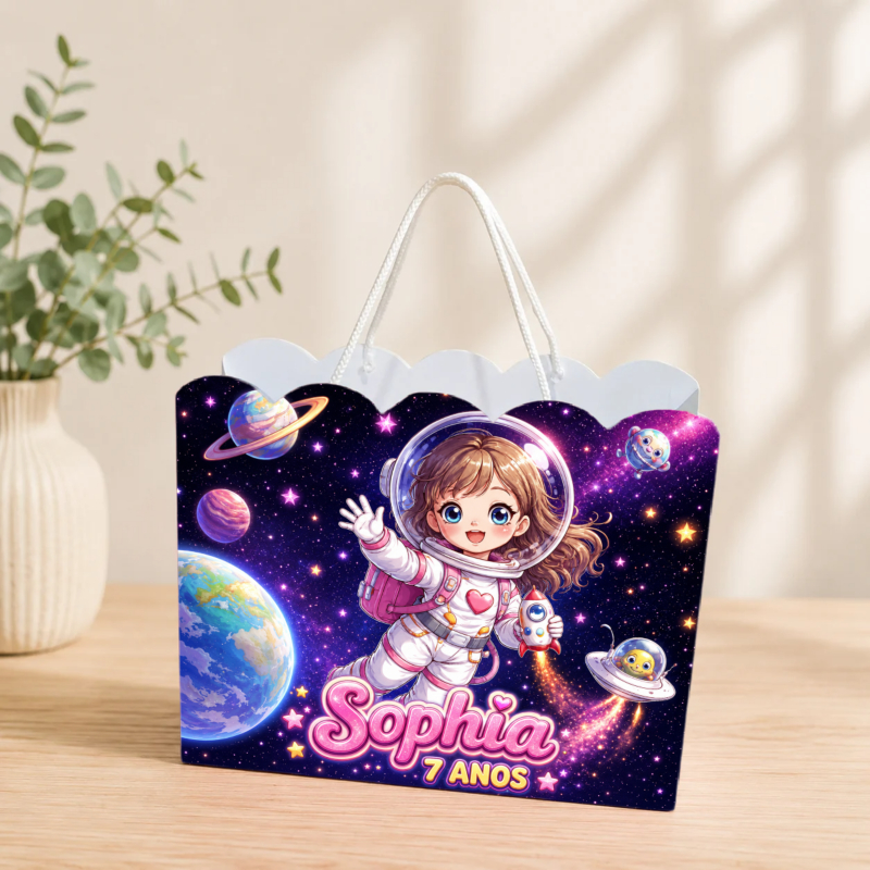 Sacolinha Personalizada Astronauta Menina Pegue e Monte Lembrancinha Aniversário Infantil Mimos Festa