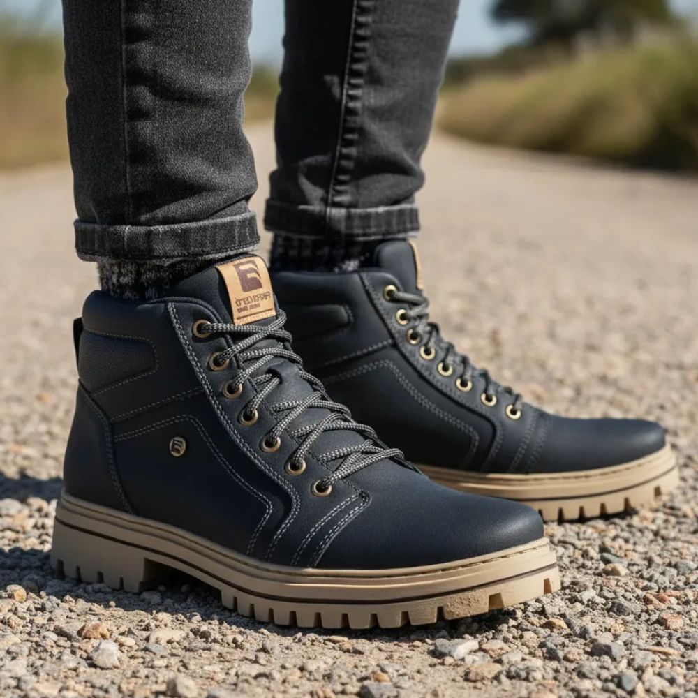 Bota Coturno Masculino Casual em Couro Preto Solado Tratorado de Borracha Antiderrapante