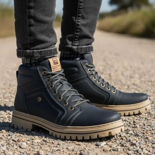 Bota Coturno Masculino Casual em Couro Preto Solado Tratorado de Borracha Antiderrapante