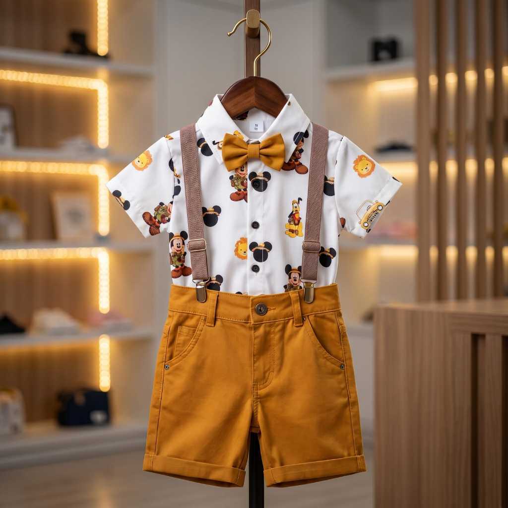 Conjunto Menino Infantil Luxo Temático Mickey Safari +Bermuda Caramelo