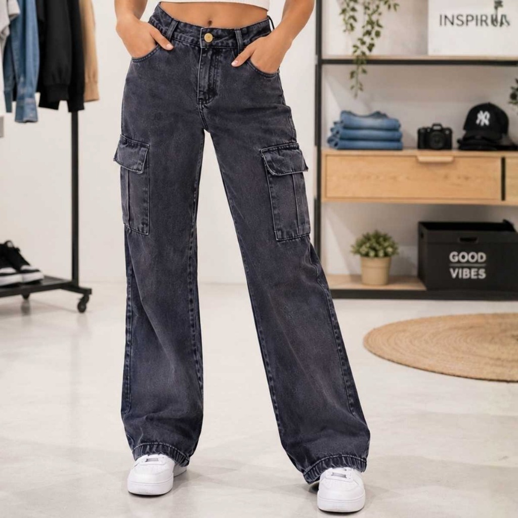 Calça Jeans Cargo Infantil Menina Juvenil Cintura Alta Bolso Lateral Lavagem Grafite