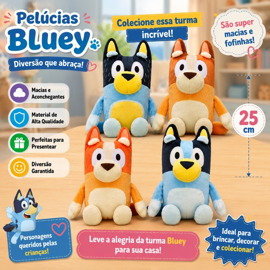 Blue e Bingo 25cm Pelúcia Importado Desenho Animado Criança Pelucia Cachorro Azul Bluyed Bluei Chilli Blueyy Bandit Gato