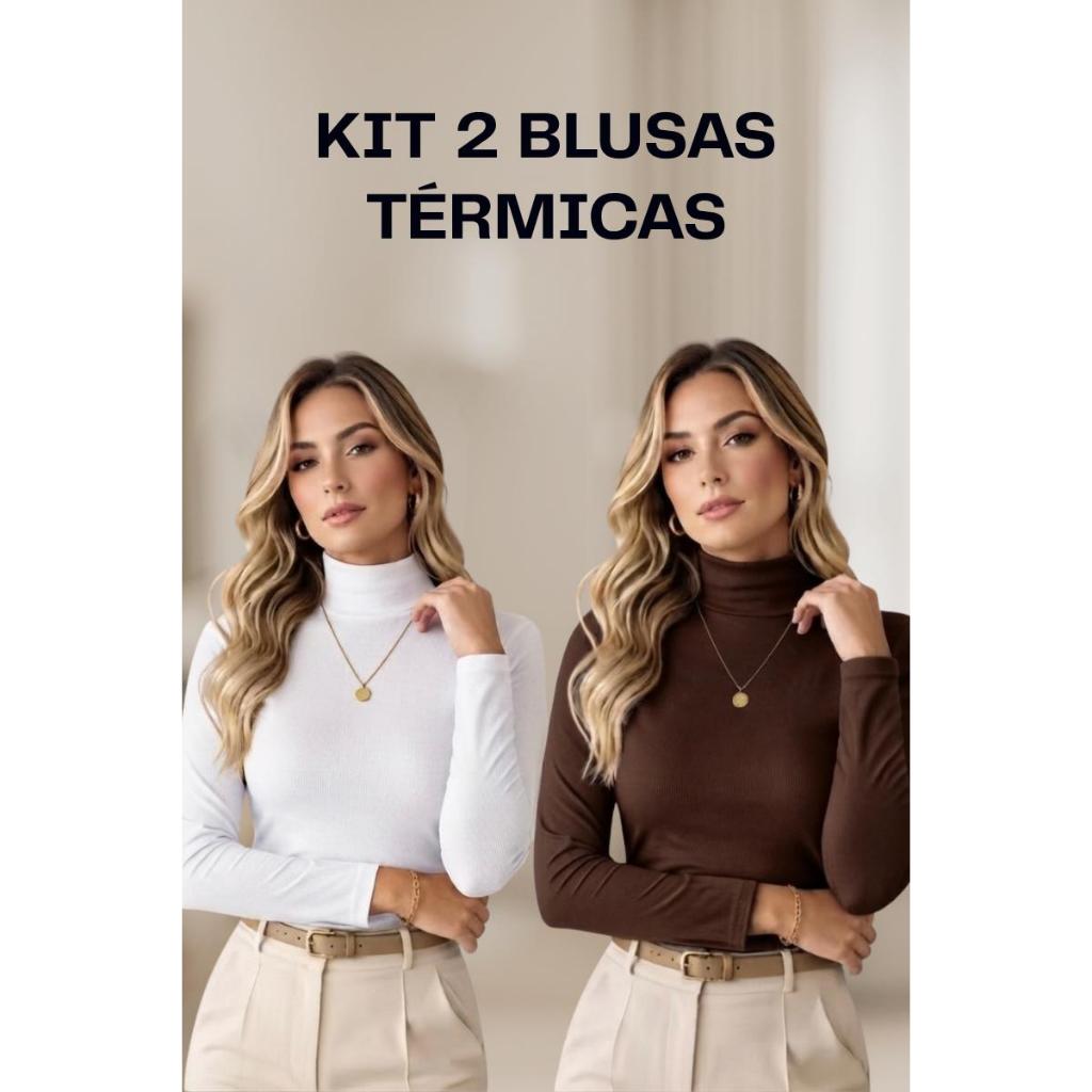 Kit 2 Blusas Peluciada Térmicas Segunda Pele Gola Alta Quentinha Moderna Inverno Básica Moda