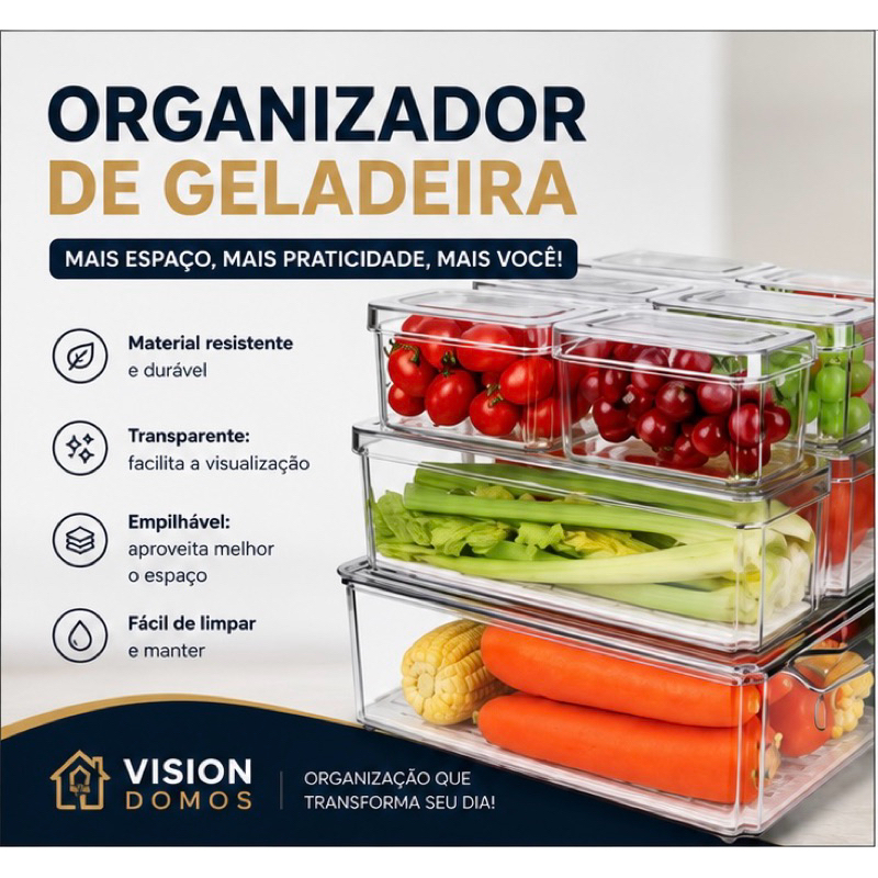 Organizador de Geladeira Transparente Empilhável | Caixa Organizadora Multiuso Cozinha Organizador de Geladeira Transpar