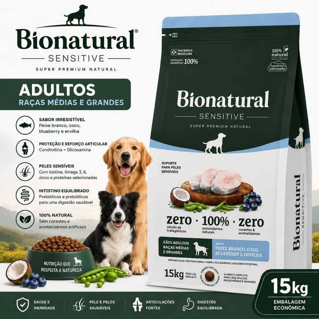Ração Bionatural Sensitive Cães Adultos Raças médias e Grandes 15kg