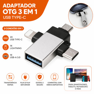 Adaptador OTG 3 em 1 USB Tipo C Para Android iPhone Conector Plug Play