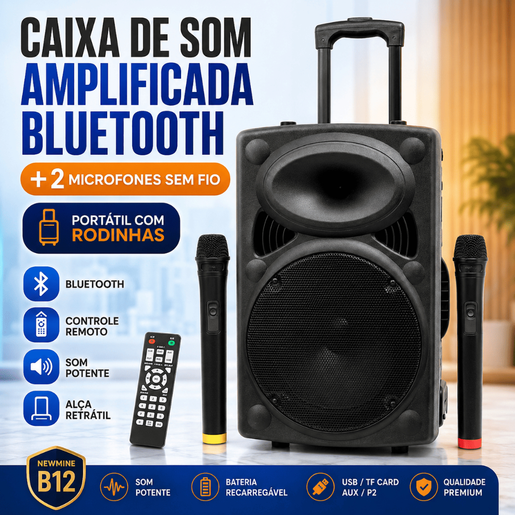 Caixa De Som Amplificada Portátil Bluetooth Karaokê + 2 Microfones Sem Fio e Rodinhas Newmine B12