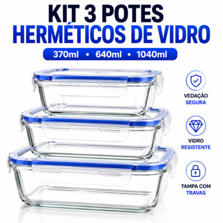Kit 3 Potes De Vidro Herméticos Resistente Travas Marmita Alta Vedação Retangular 1040ML …