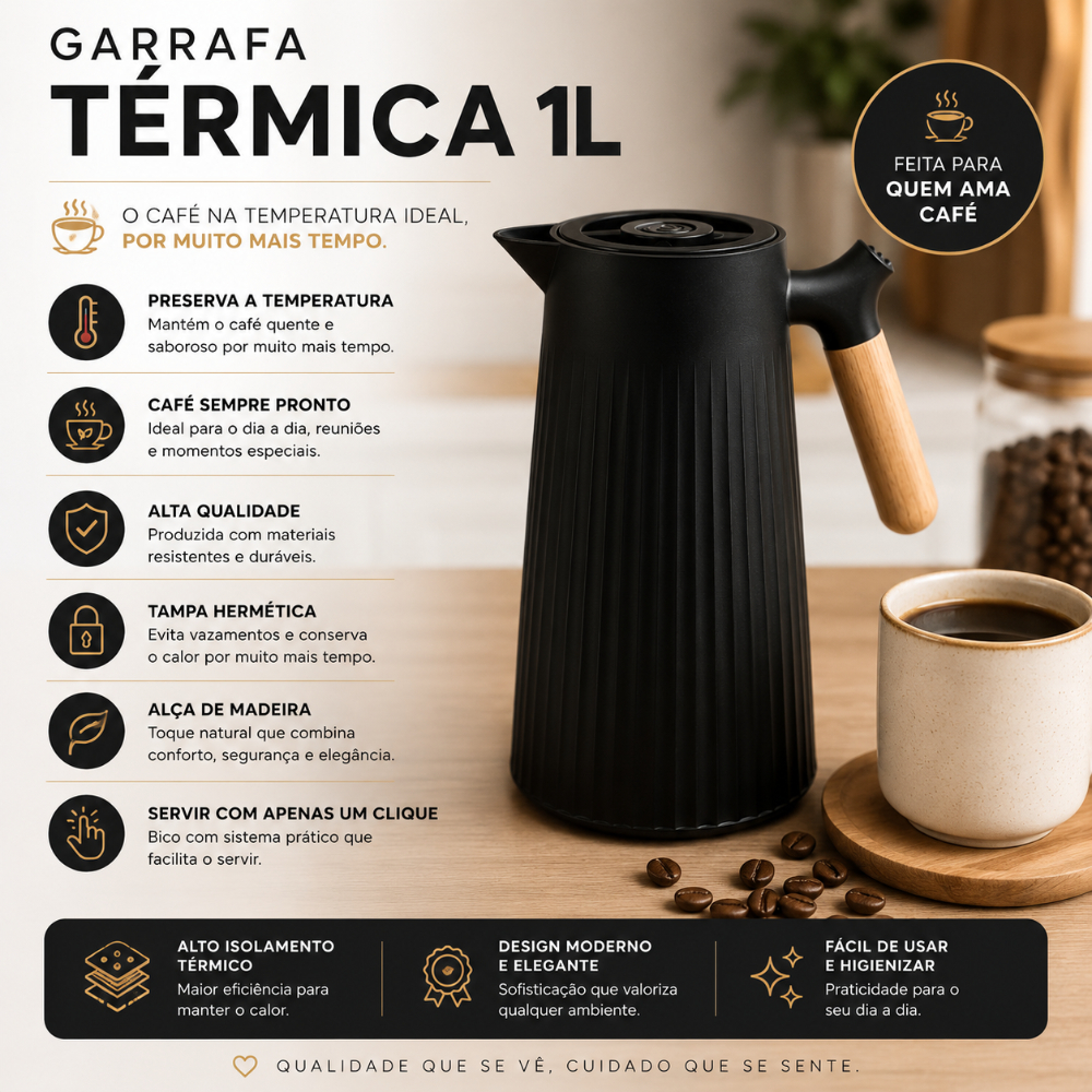 Garrafa Térmica 1L Café Quente Cabo Madeira Design Canelado Tampa Hermética