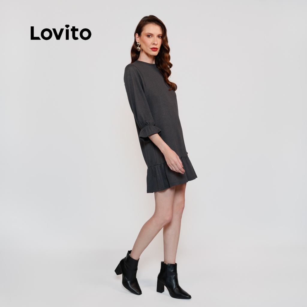 Lovito Vestido Feminino em Malha Tricot com Babados na Barra DRB18161846