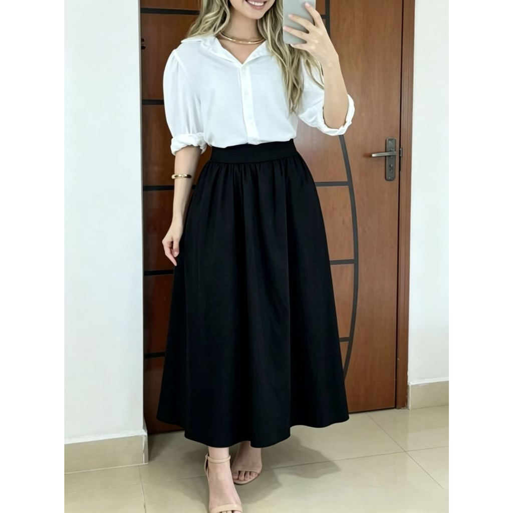 Saia Midi Plissada Alfaiataria Feminina Elegante Confortável e Versátil para o Dia a Dia