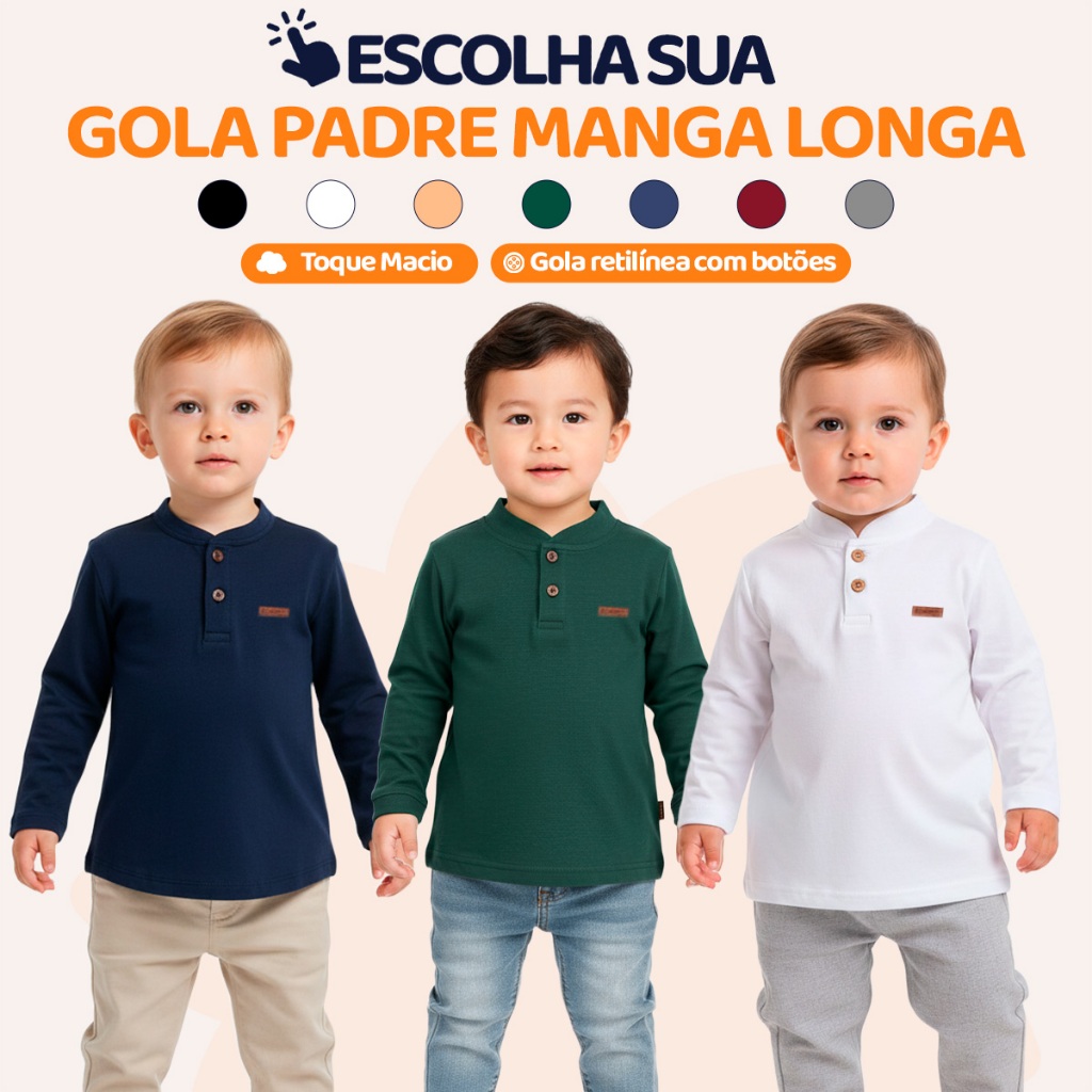 Camisa Bebê Menino Gola Padre Manga Longa Camisa Infantil Masculina Básica e Elegante