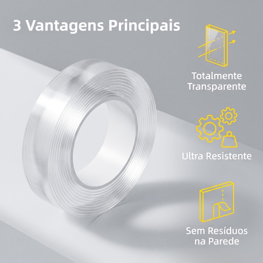Fita Dupla Face Reutilizável 1/3/5m Fixação Sem Resíduo Prática
