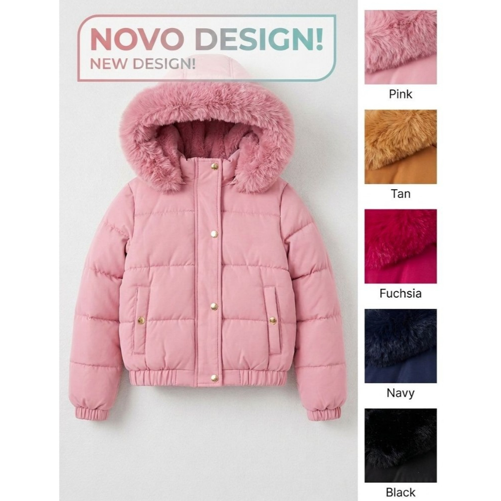 Jaqueta Puffer Infantil Menina Com Capuz De Pelo E Forro Soft Térmica
