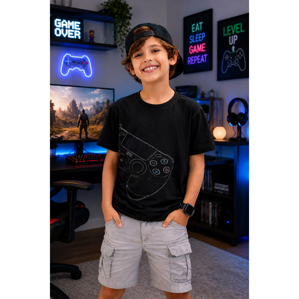 Camiseta Infantil Masculina Gamer Preta Controle Videogame Confortável Poliéster Elastano
