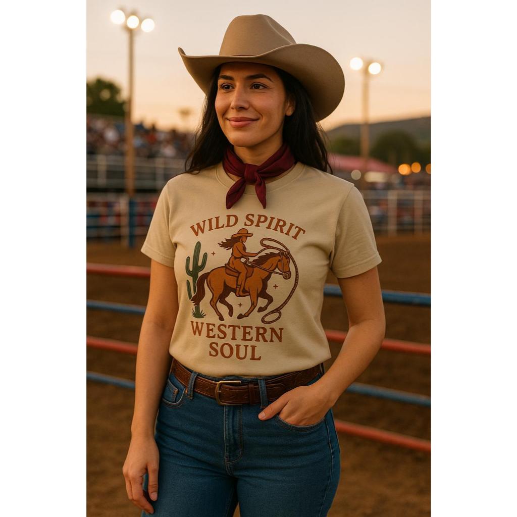 Camiseta Feminina Country Western Cowboy Wild Spirit 100% Algodão Estampada Rodeio Agro Rural