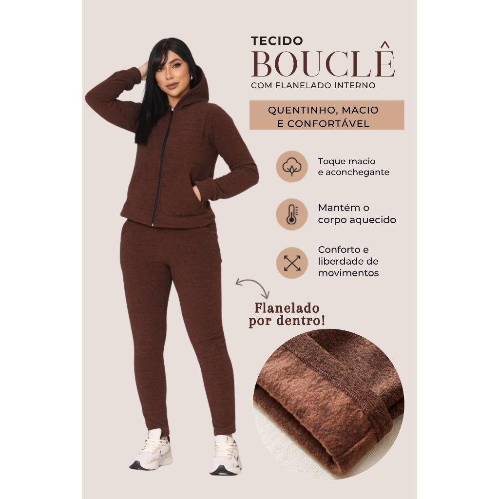 Conjunto Moletom Feminino Bucle Flanelado calça e Jaqueta com touca e bolso Confortavel Basico Inverno Atemporal LuaChic