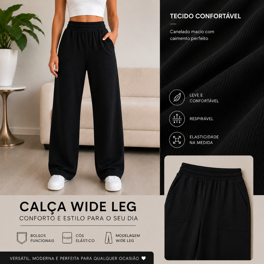 Calça Feminina Wide Leg Comfy Preta com Cós de Elástico e Bolsos