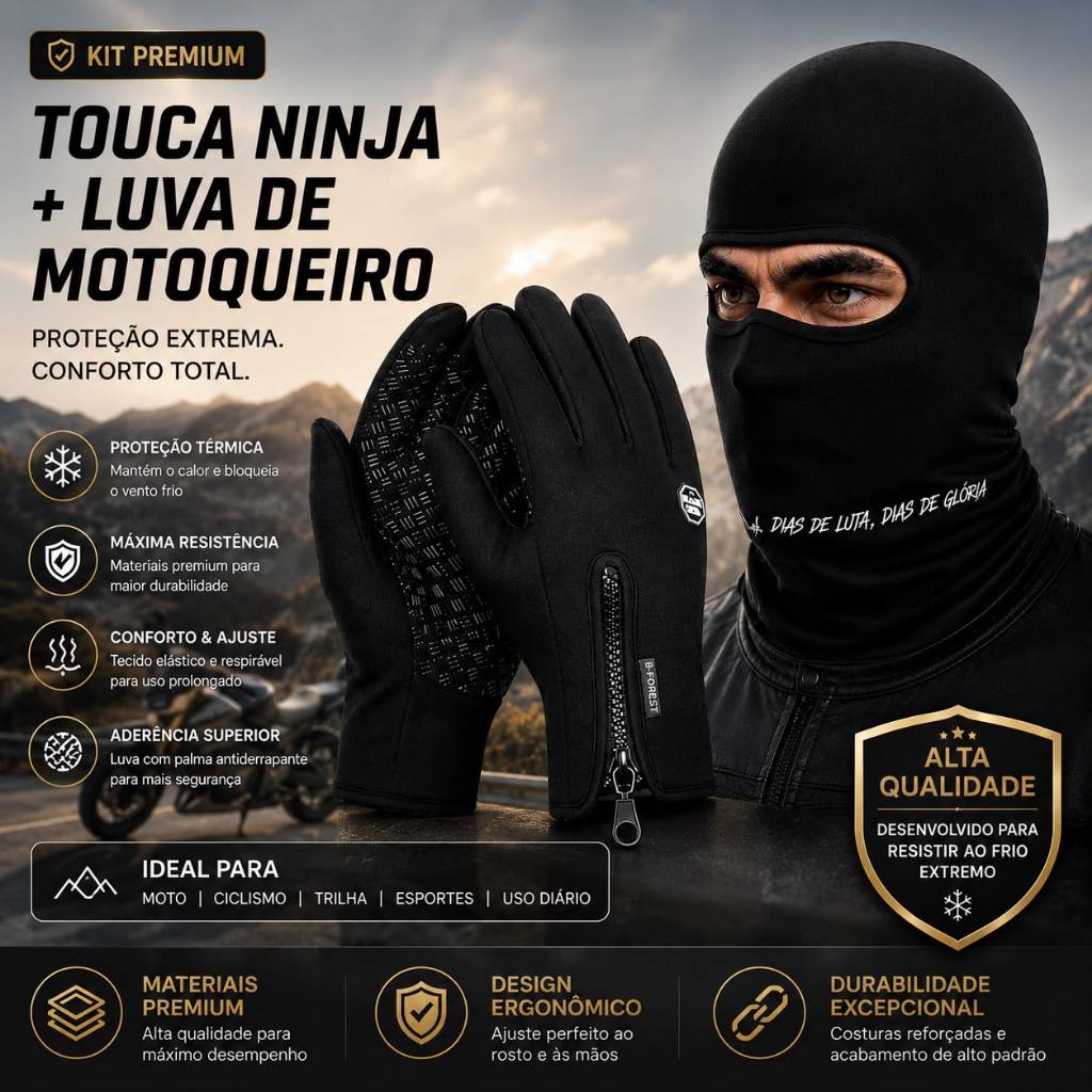 Kit Touca Ninja Balaclava + Luva Térmica Touch Screen Motoqueiro Inverno Frio Masculino Feminina