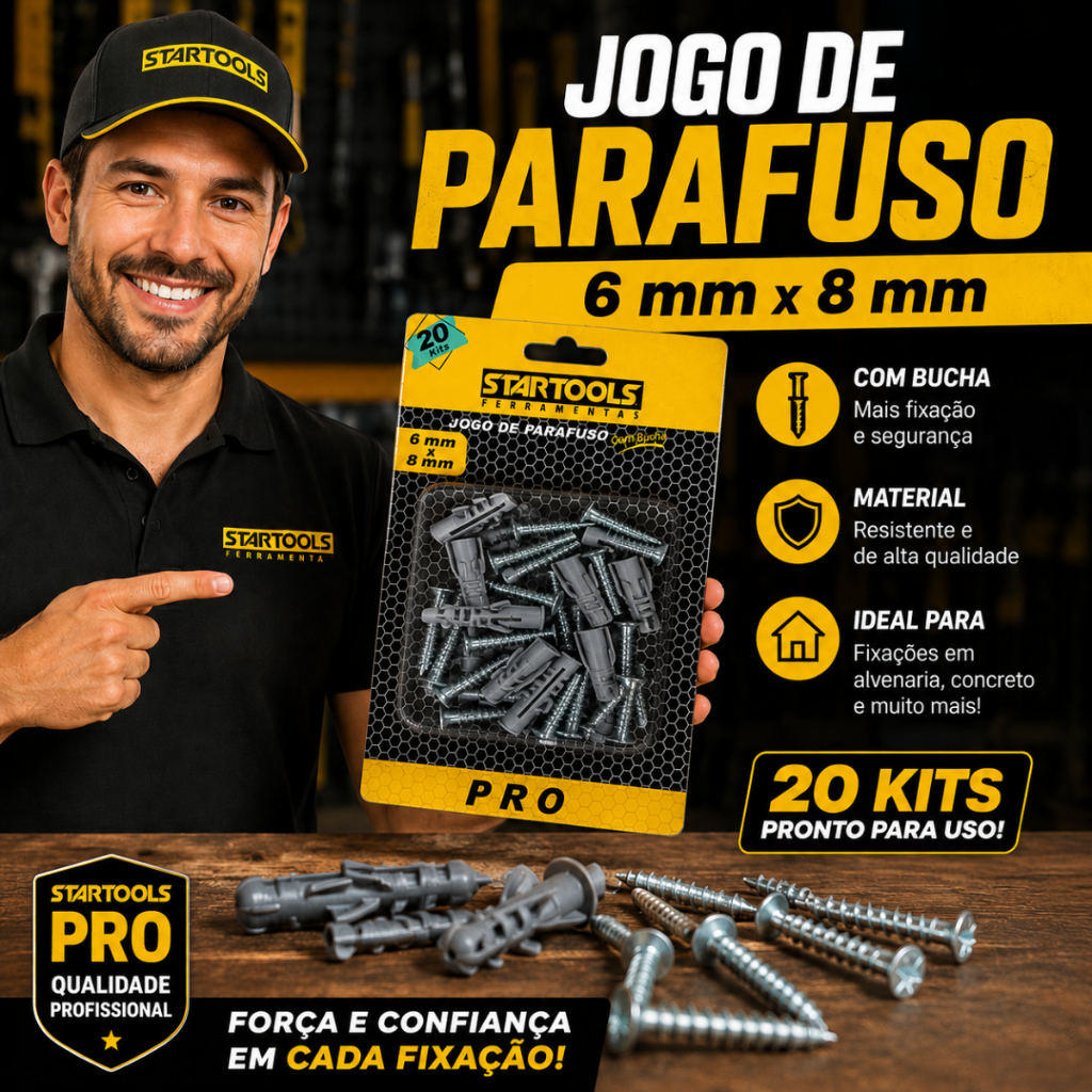 Kit Buchas 20 unidades e parafusos Com Aba Anel Para Fixação Parede 6mm e 8mm
