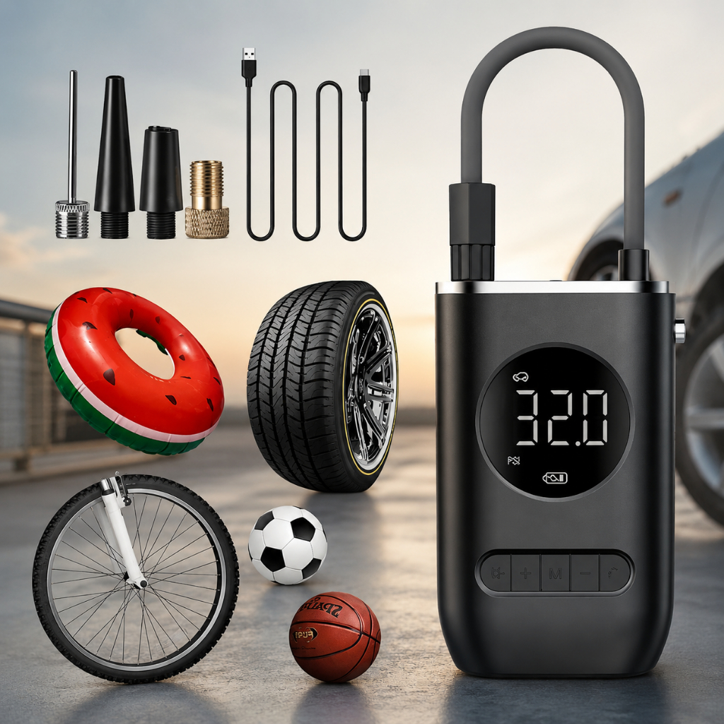 Bomba de Ar Digital Mini Compressor Calibrador de Pneus Carro Moto Bike Com Lanterna Led Portátil