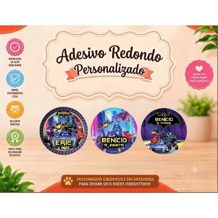 Adesivos Redondos Personalizados/ Batwheels/ Alta Qualidade E Brilho - 3x3 4x4 5x5/ lembrancinhas festa aniversario