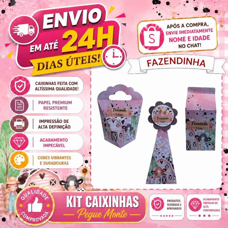 Kit Caixinha Personalizada - FAZENDINHA ROSA - Lembrancinha Aniversario - (Milk,Cone,Coração,) Lembrancinhas-PEGUE MONTE