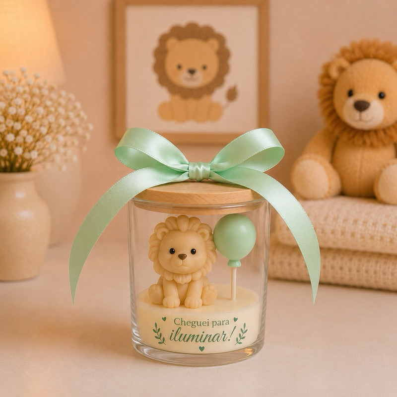 Lembrancinha Chá de Bebê Leão Personalizada | 5 Velas no Copo com Tampa | Maternidade, Chá Revelação e Nascimento
