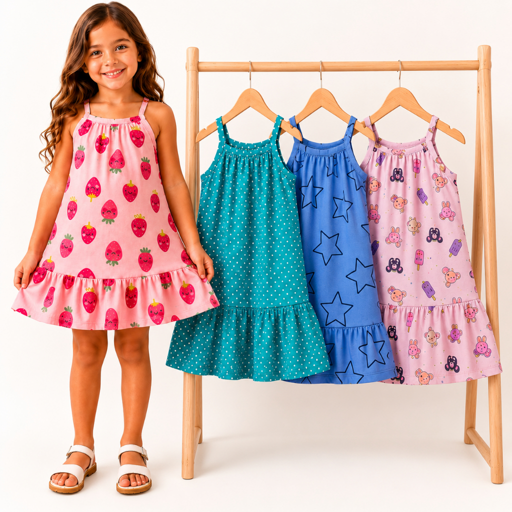 Kit 4 Vestidos Infantil Menina Feminino Alça Babado Verão Estampado Leve Roupa de Menina Festa Praia Tamanho 1 ao 8