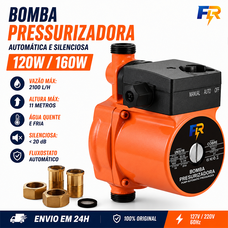 Bomba Pressurizadora Auto Silenciosa 120W/160W | 127V/220V para Água Quente e Fria | Fluxostato Automático