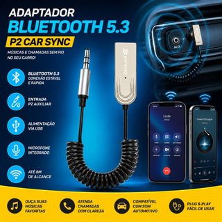 Adaptador Bluetooth 5.3 USB Entrada P2 Jack Receptor para Som Automotivo Carro
