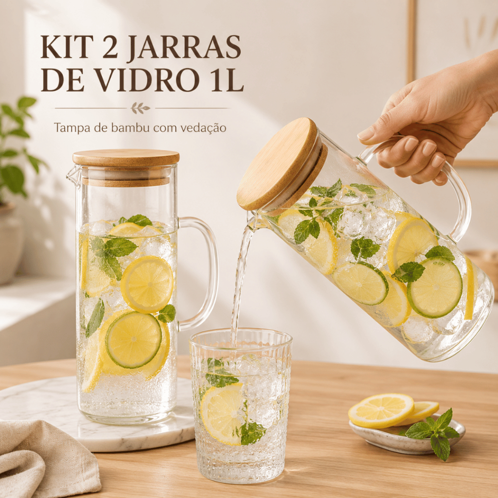 Jarra De Vidro Com Tampa De Bambu Para Servir Suco Água 1000ml
