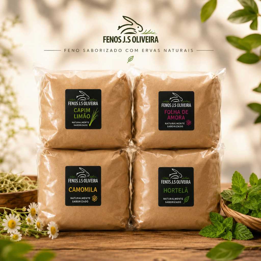 Kit 4 Sabores – Feno Saborizado com Ervas Naturais | 4x200 g (Amora, Camomila, Hortelã e Capim-limão)