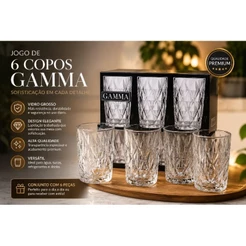 Jogo 6 Copos de Vidro Grosso Diamond 400ml Gamma Luxo Transparente para Água Suco Drinks Mesa Posta