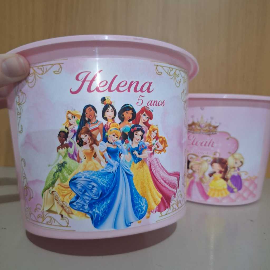 KIT BALDINHO PRINCESA DISNEY PERSONALIZADO COM EMBALAGEM BALDE PIPOCA INFANTIL FESTA LEMBRANCINHA