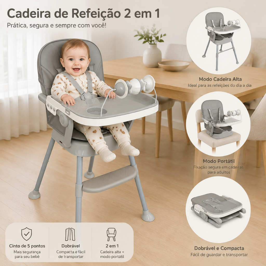 Cadeira de Alimentação Refeição Infantil 3 em 1 Alta Baixa e