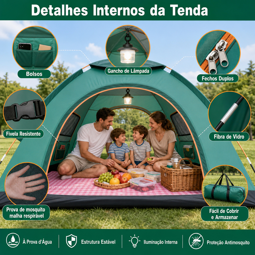 Barraca de Camping 3-4 Pessoas Prova d'água Barraca Acampamento Automático 200×200×135cm