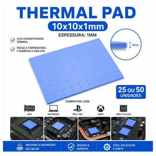 Kit Thermal Pad 10x10x1mm - Pack 25 ou 50 Unid - GPU Notebook PS4 Xbox