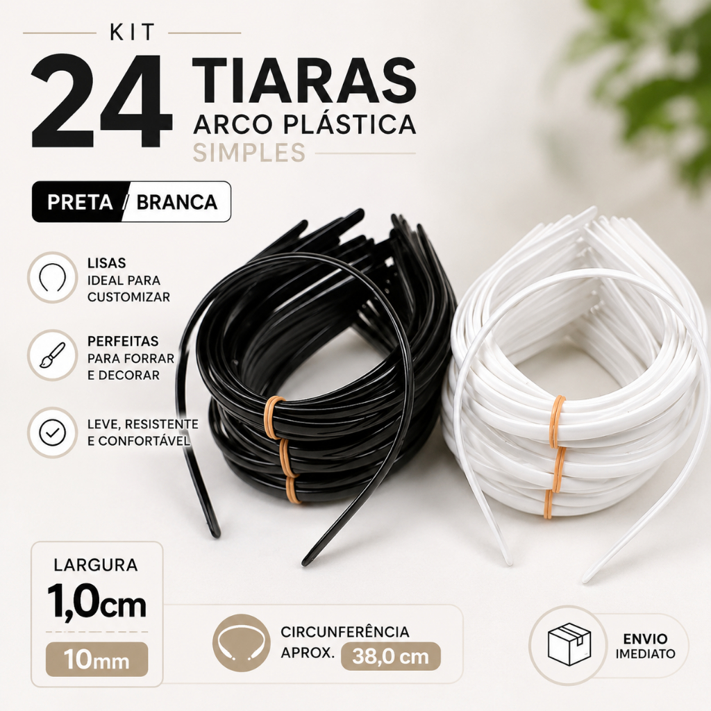Kit 24 Tiara Arco Plástica Simples Preta/Branca Lisa 10mm/1cm Customizar/forrar Envio Imediato