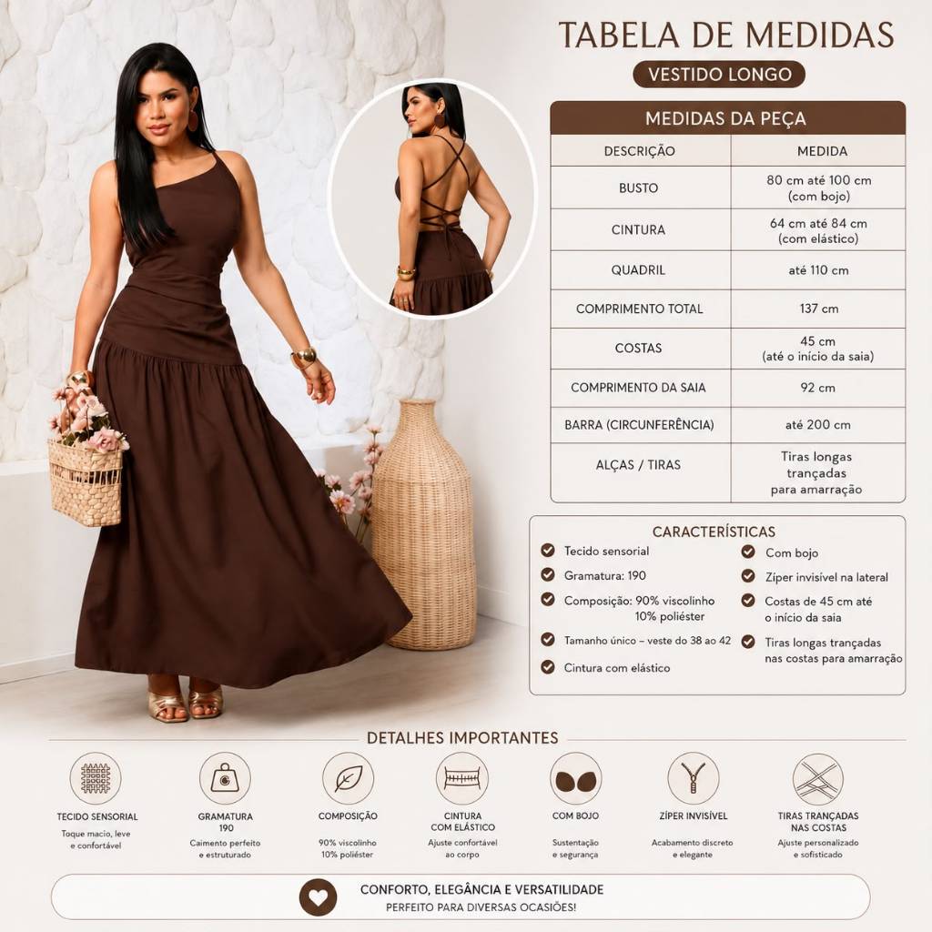 Vestido Longo Feminino Premium Um Ombro Costas Abertas com Amarração, bojo, siper tamanho unico veste de 38 ao 42