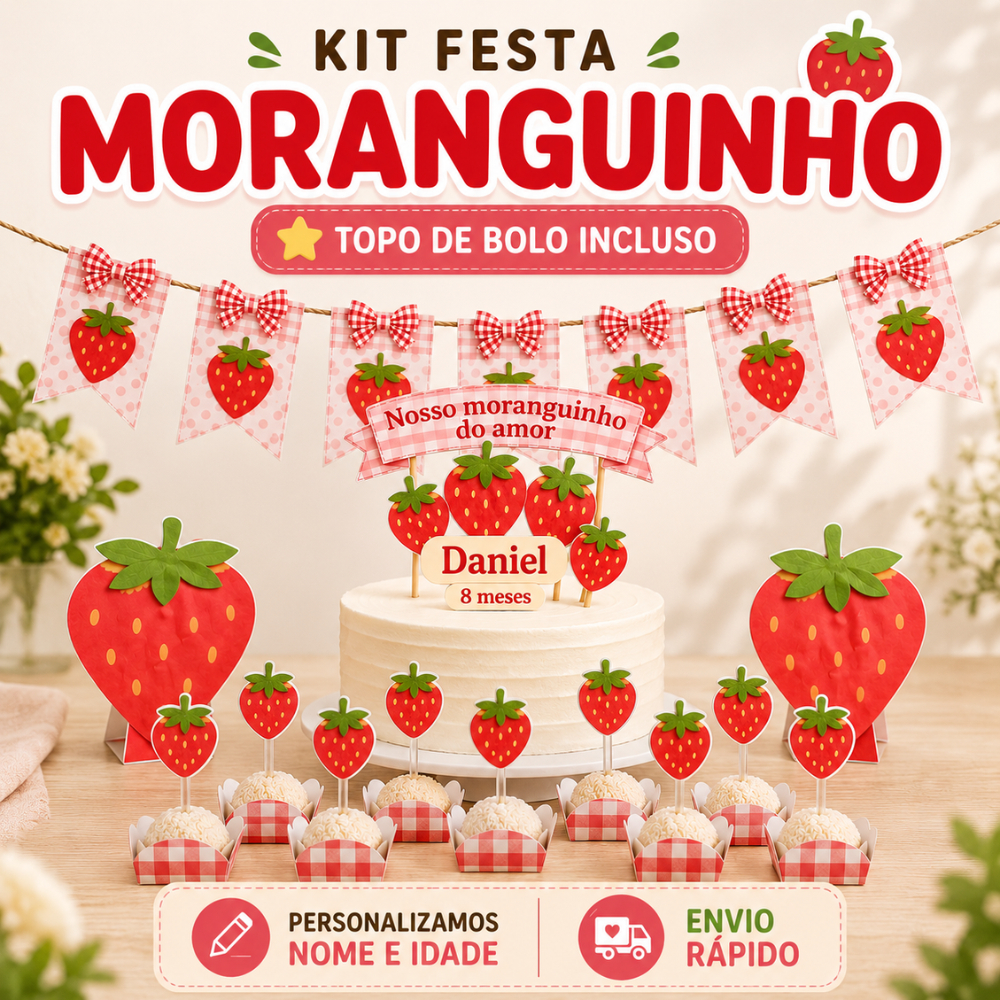 ENVIO RÁPIDO - KIT FESTA PERSONALIZADO Moranguinho/Mêsversário/Aniversário/Festa tema Morango do Amor