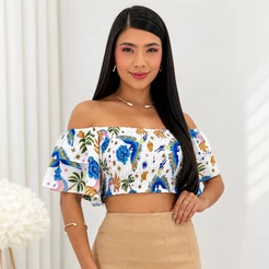 Cropped Ciganinha Lastex Feminino Ombro a Ombro Estampado Manga Curta Moda Verão