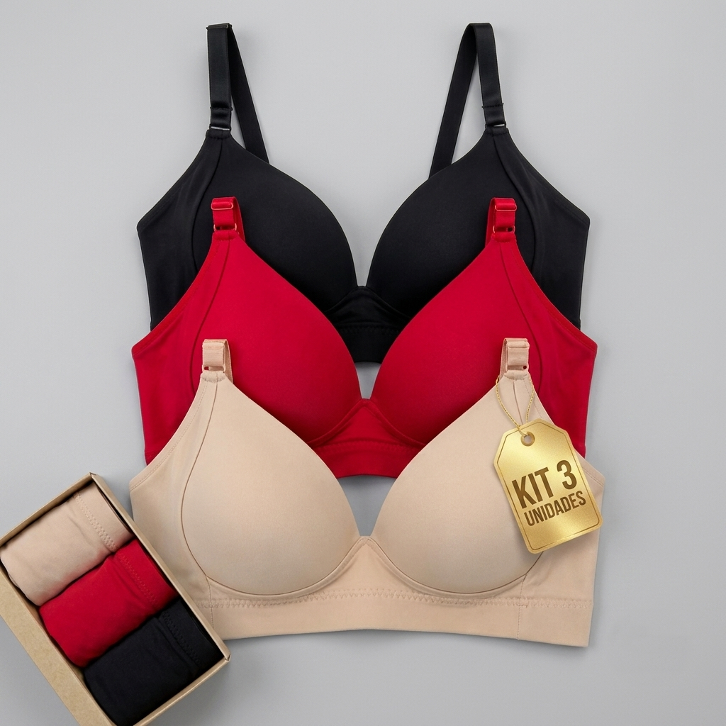 Kit 3 Sutiã Feminino Com Bojo Sem Aro Confortável Microfibra Poliamida Premium Confortável