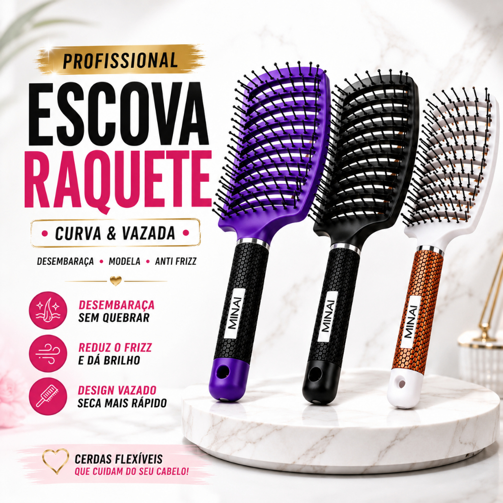 Escova Raquete Curva Vazada Cerâmica Profissional Desembaraçar Cabelos Anti Frizz