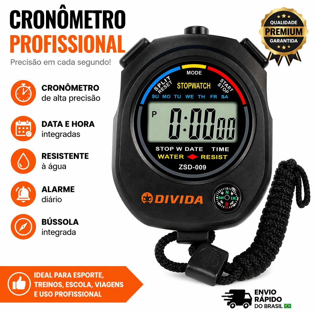 Cronômetro Digital Profissional 1/100s Com Alarme Relógio Esportivo De Mão Precisão
