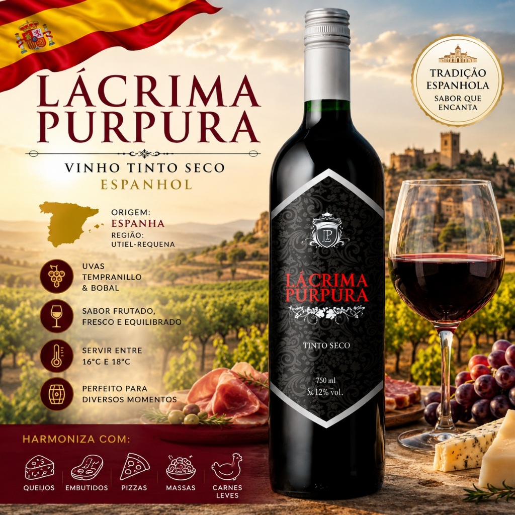 Vinho Tinto Seco Lácrima Púrpura Tempranillo Bobal 750ml