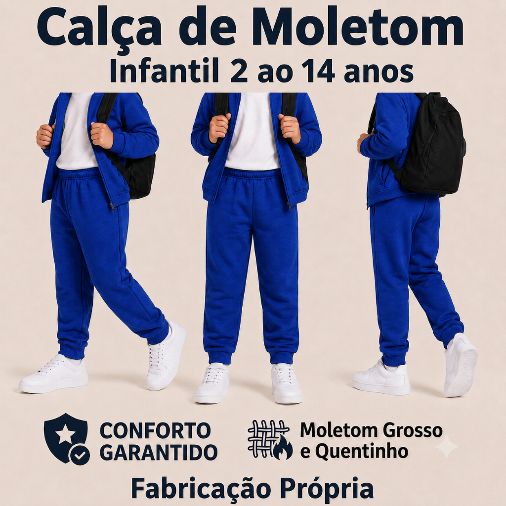 Calça Azul Royal de Moletom Infantil Menino Felpudo Escolar para Frio do Inverno