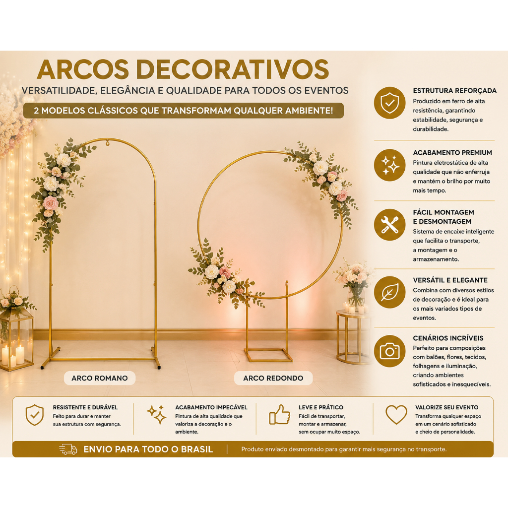 Kit 2 Arcos De Ferro Dourados Romanos 2x1 Metros E Redondo 1,50 Metros Para Festas E Decoração Geral