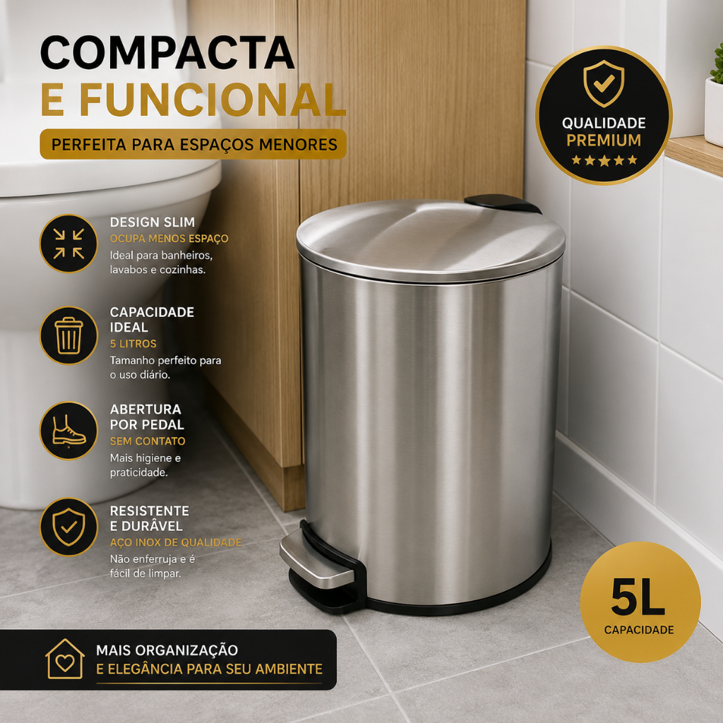 Lixeira Inox 5 Litros Slim com Pedal Tampa Abertura Sem Contato Banheiro Cozinha Lavabo Élite Inox